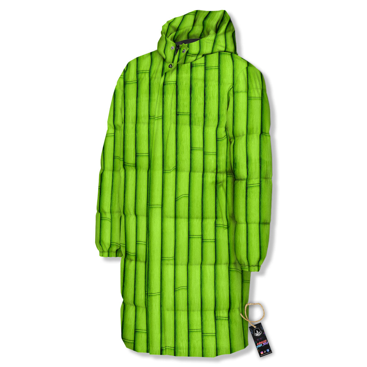 Green Bamboo Print Long Down Jacket