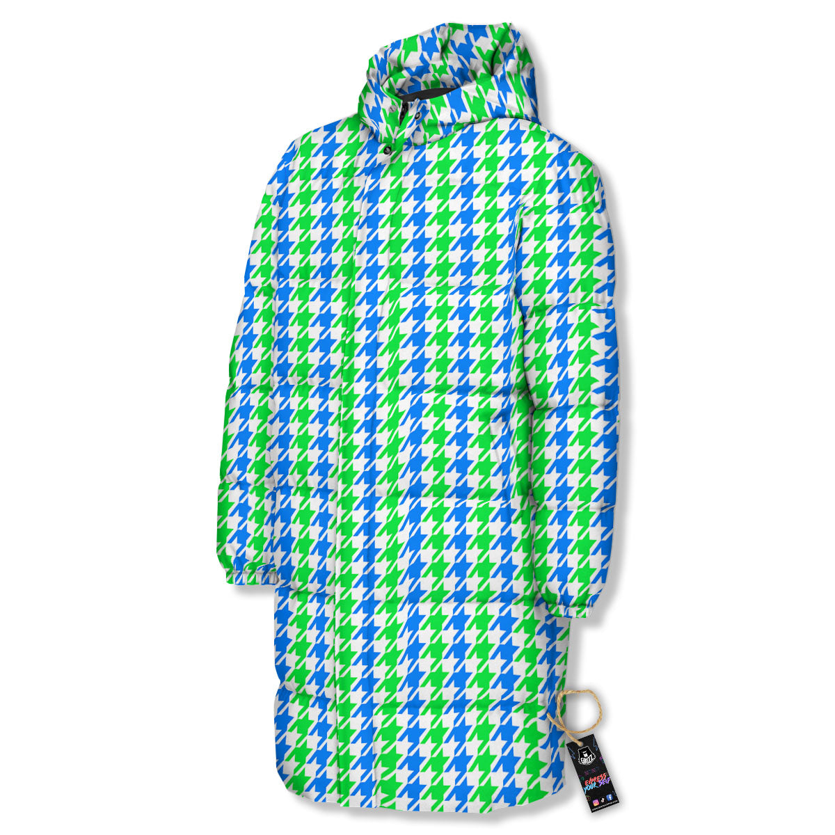 Green Blue And White Houndstooth Print Long Down Jacket