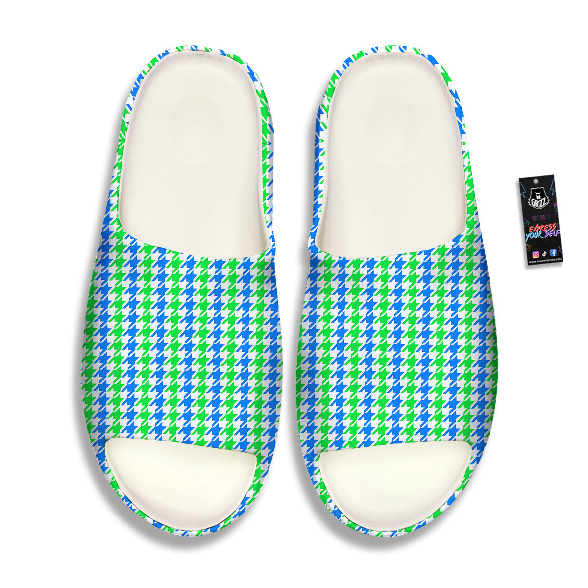 Green Blue And White Houndstooth Print Sandals-grizzshop
