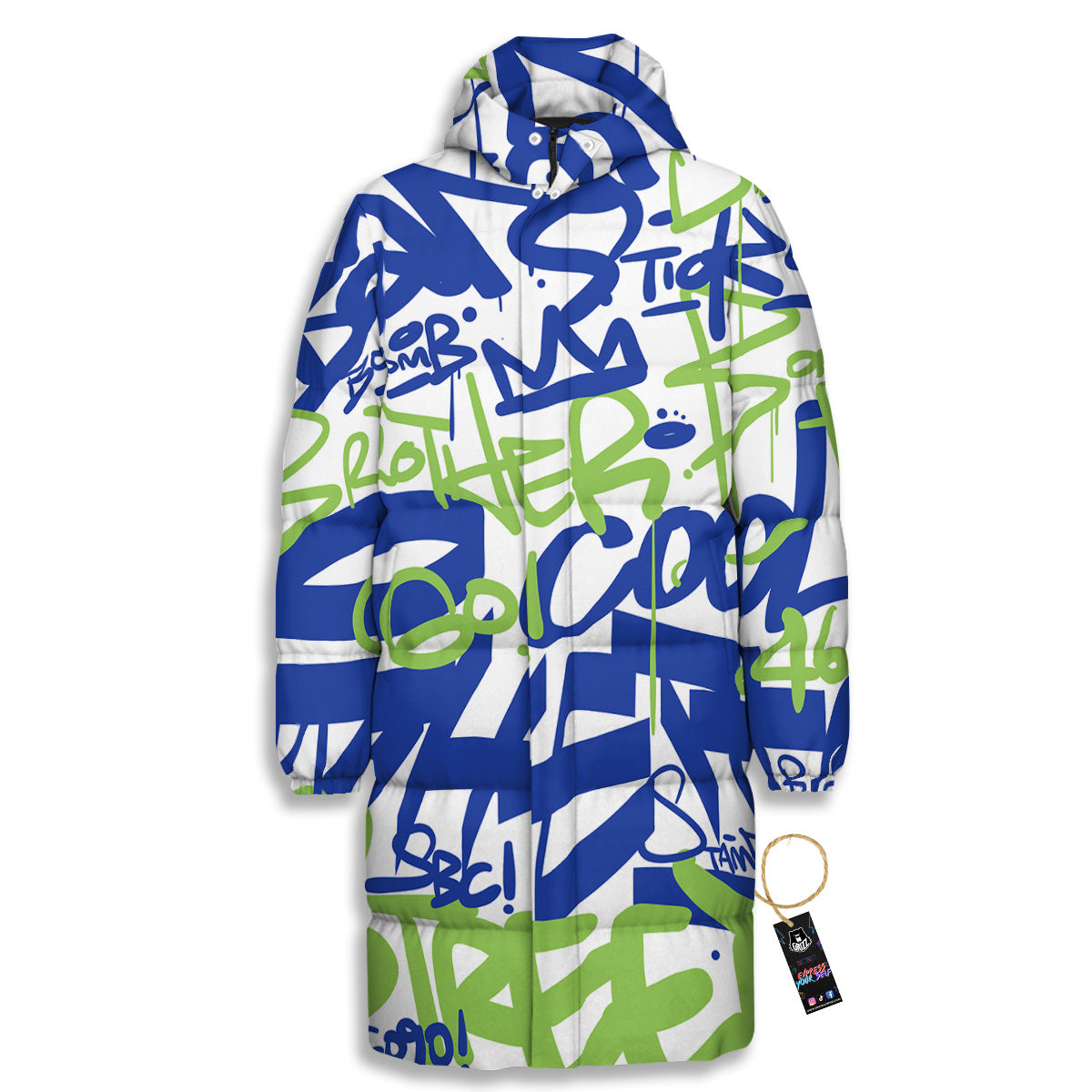 Green Blue Urban Graffiti Text Print Pattern Long Down Jacket