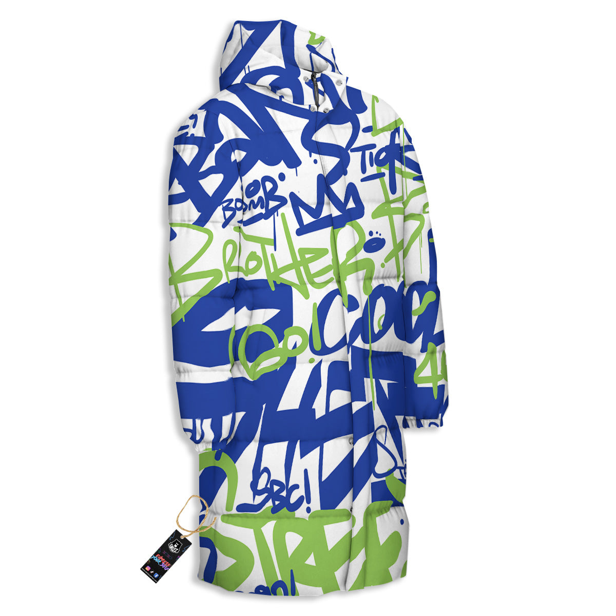 Green Blue Urban Graffiti Text Print Pattern Long Down Jacket