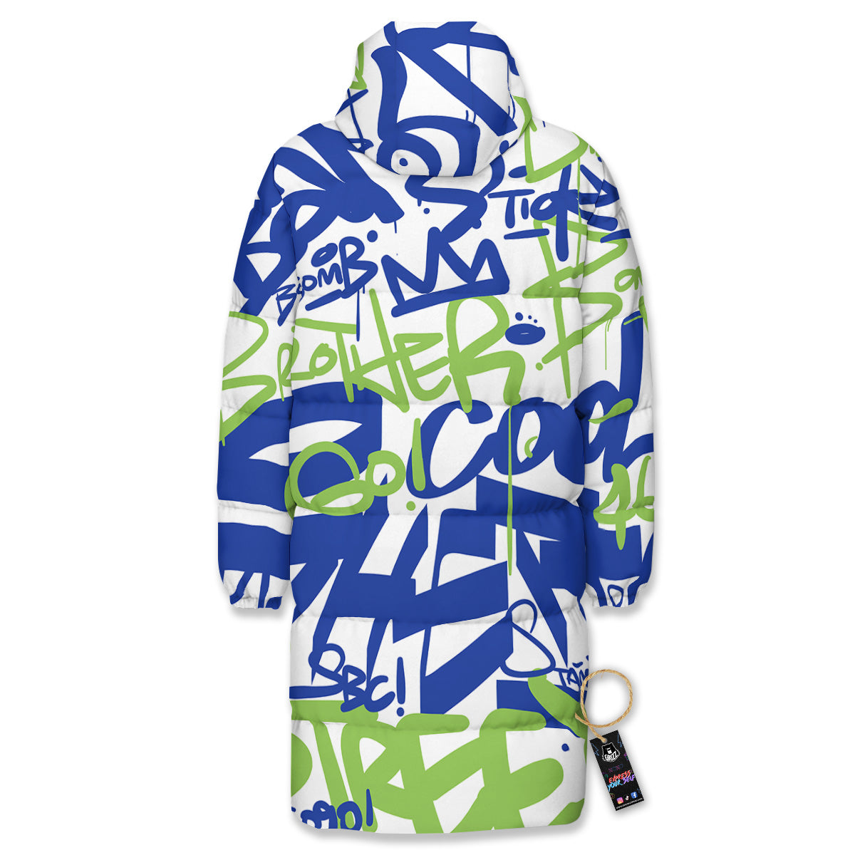 Green Blue Urban Graffiti Text Print Pattern Long Down Jacket