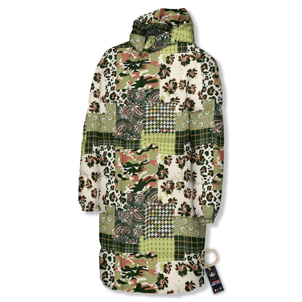 Green Camouflage Tartan Paisley Patchwork Print Pattern Long Down Jacket