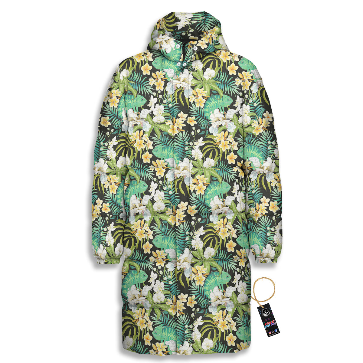 Green Chameleon And Flowers Plumeria Orchid Print Pattern Long Down Jacket