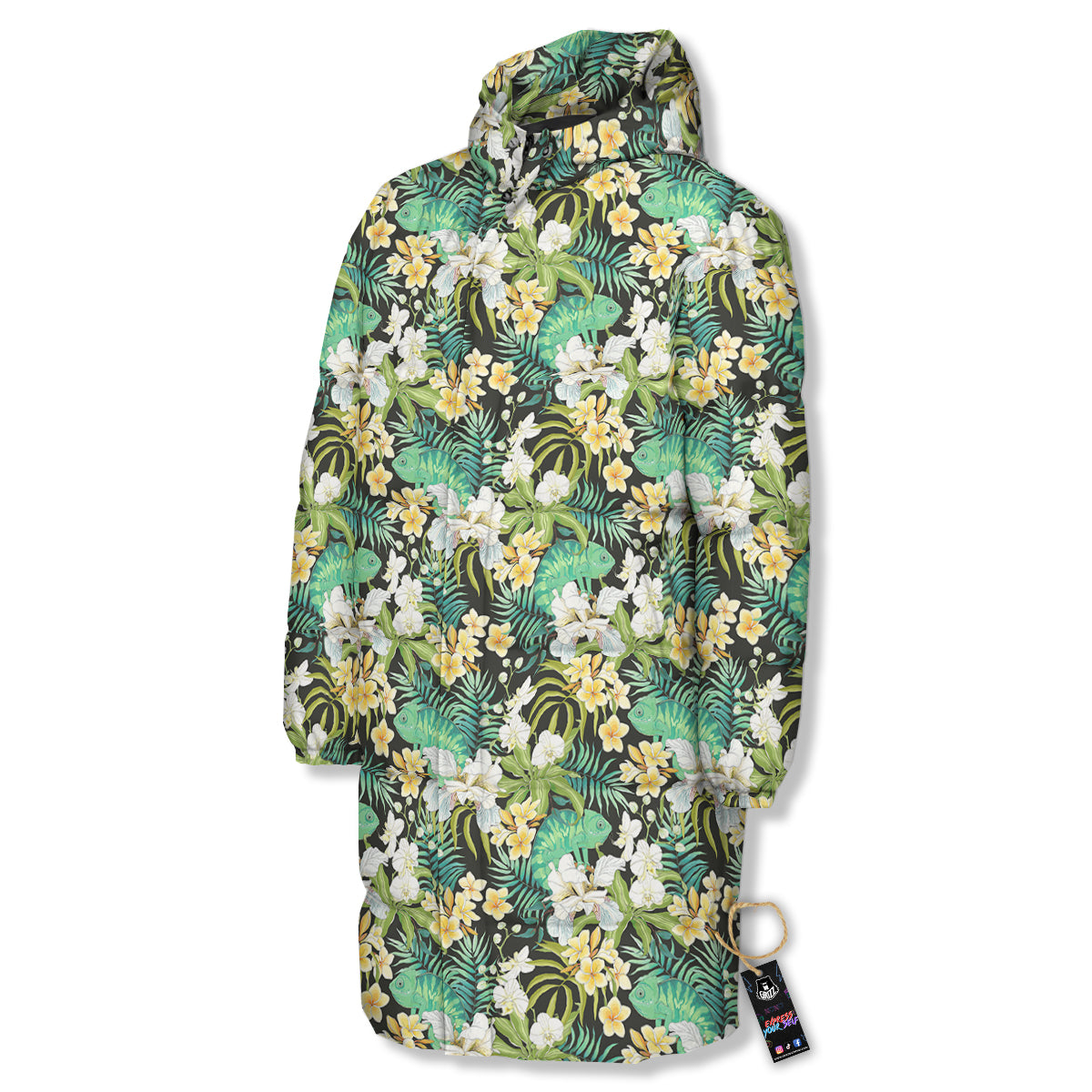 Green Chameleon And Flowers Plumeria Orchid Print Pattern Long Down Jacket