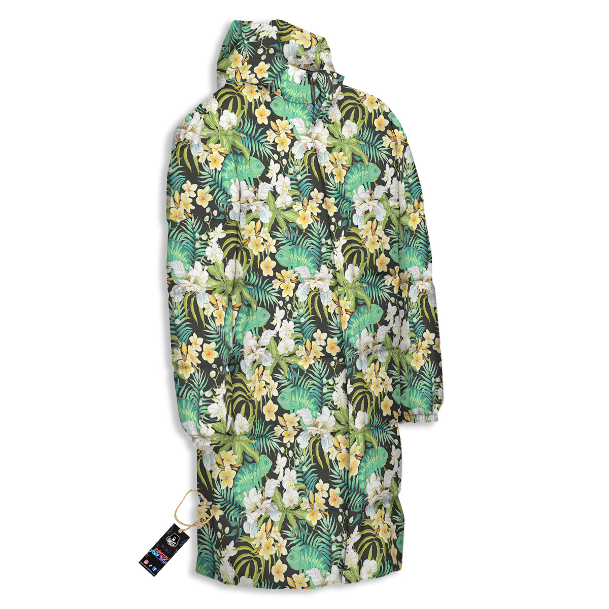 Green Chameleon And Flowers Plumeria Orchid Print Pattern Long Down Jacket