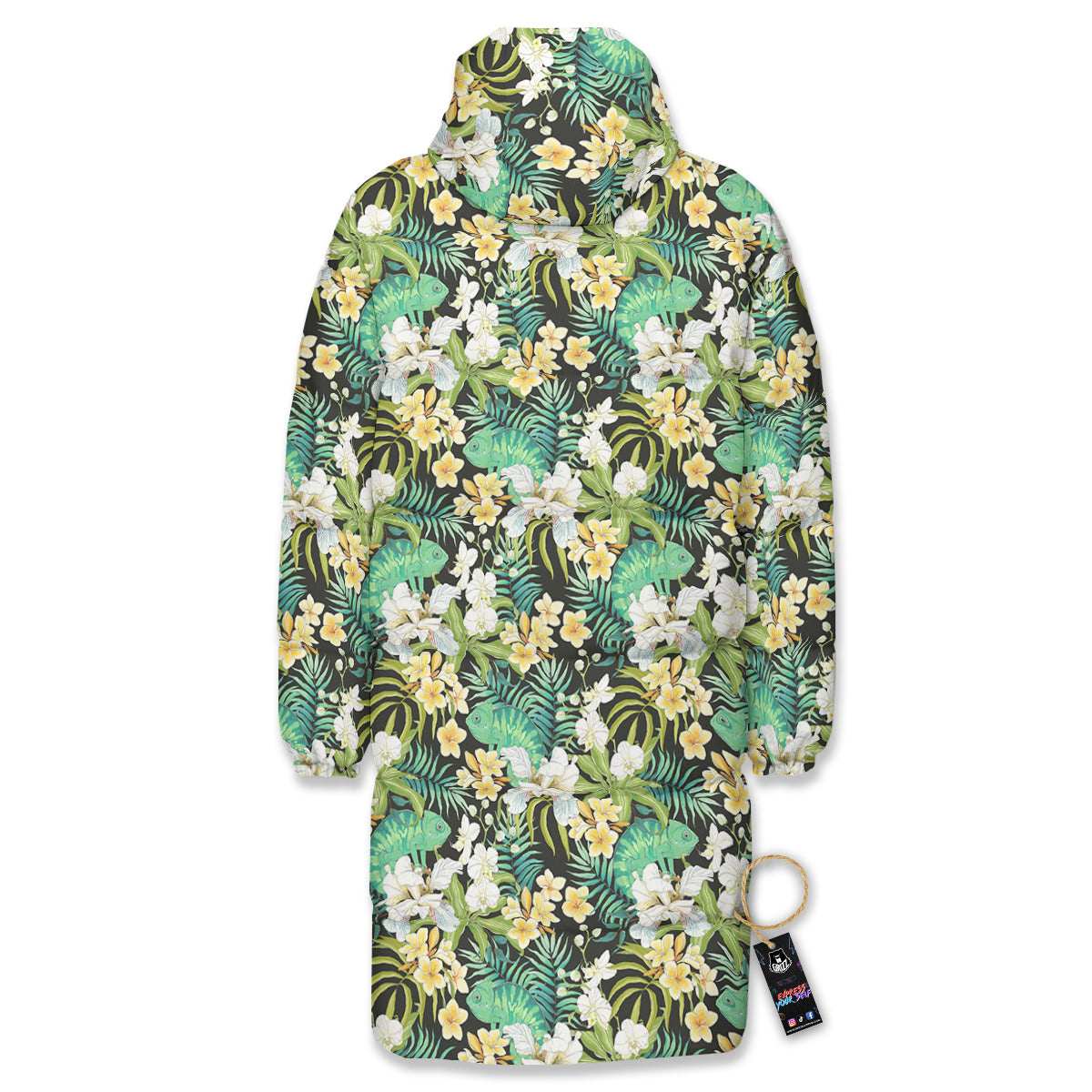 Green Chameleon And Flowers Plumeria Orchid Print Pattern Long Down Jacket