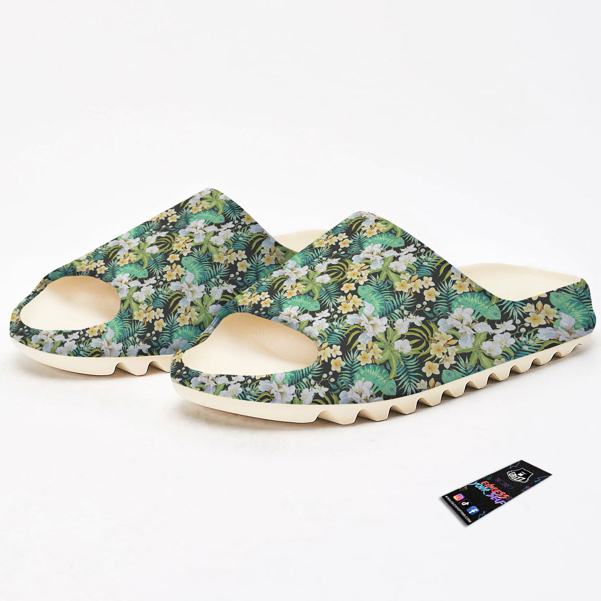 Green Chameleon And Flowers Plumeria Orchid Print Pattern Sandals-grizzshop