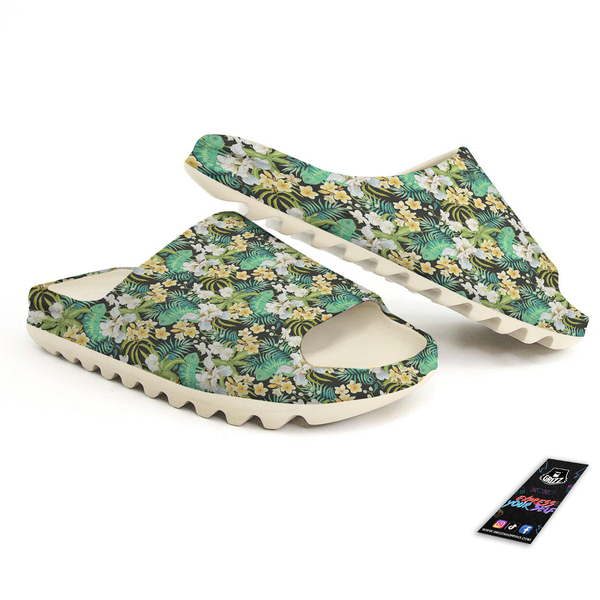 Green Chameleon And Flowers Plumeria Orchid Print Pattern Sandals-grizzshop