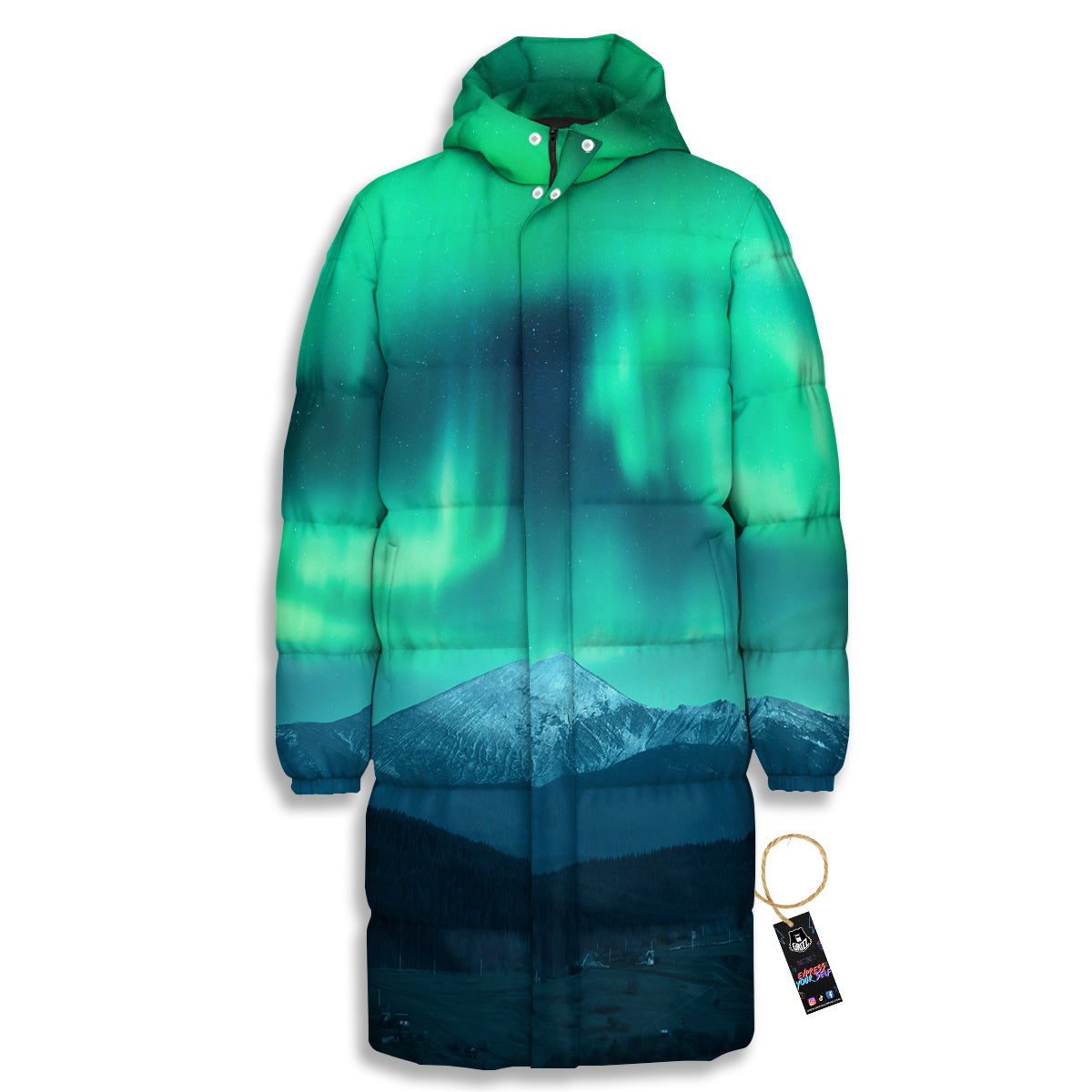 Green Northern Lights And Snowy Mountains Print Long Down Jacket