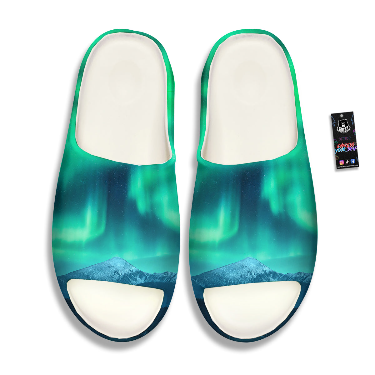 Green Northern Lights And Snowy Mountains Print Sandals-grizzshop
