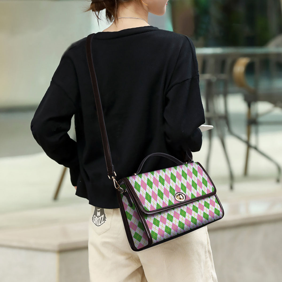 Green Pink And White Argyle Print Pattern Women's Satchel Bag