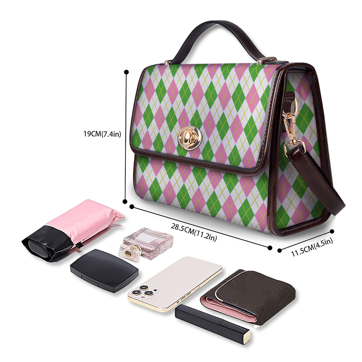 Green Pink And White Argyle Print Pattern Women's Satchel Bag