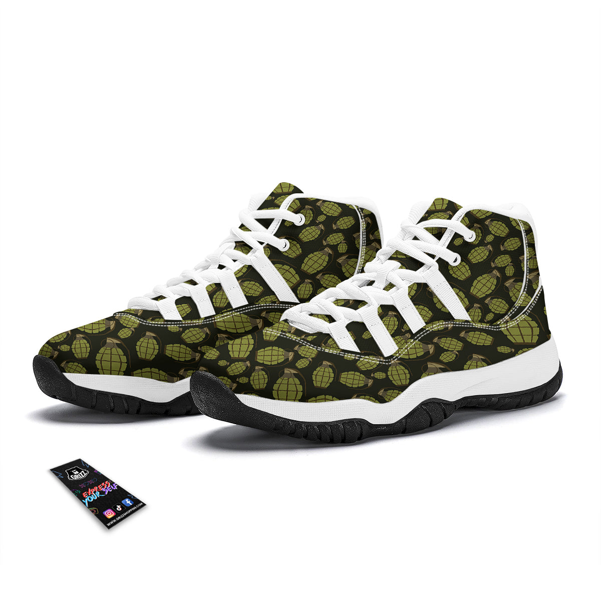 Grenade Black And Green Print Pattern White Bball Shoes-grizzshop