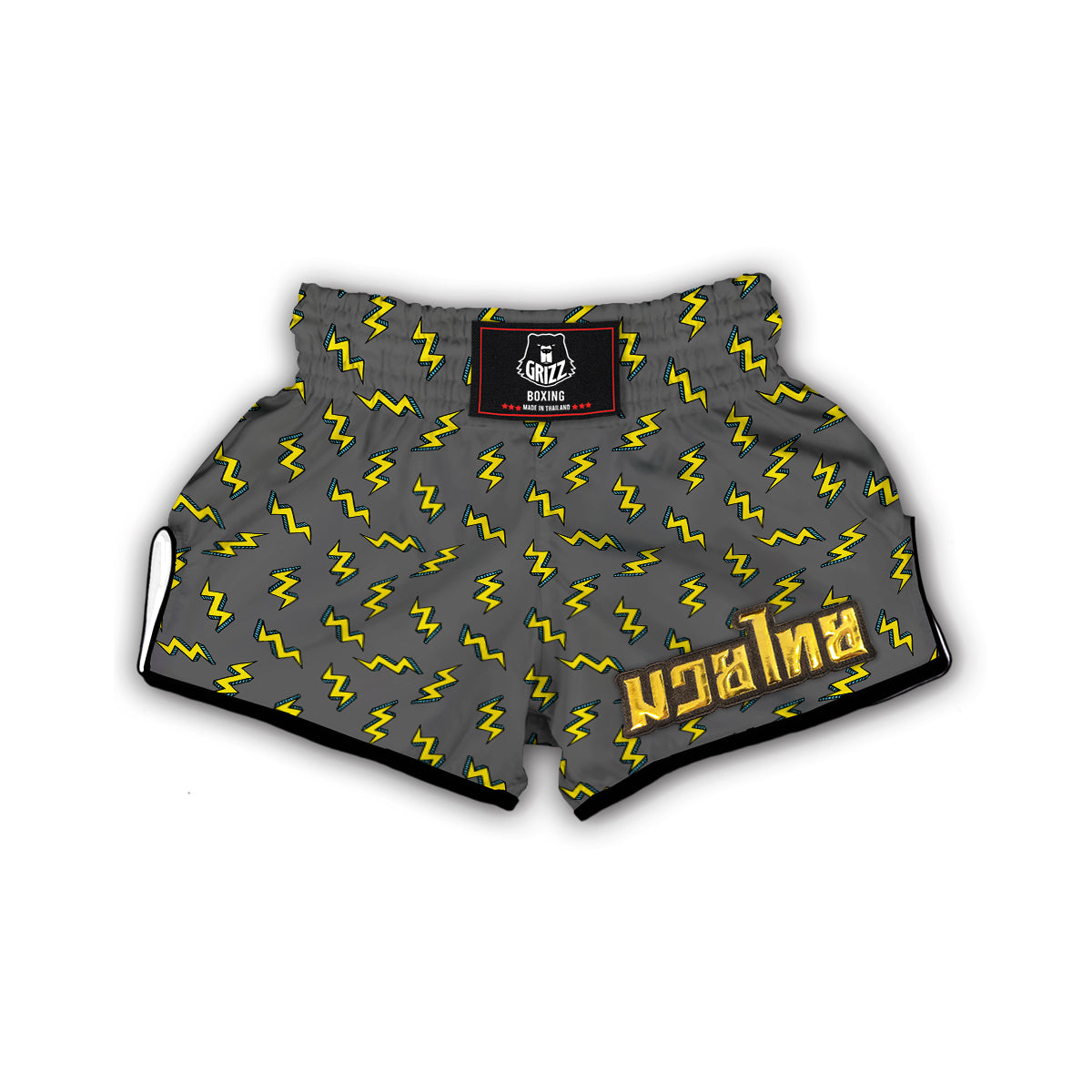 Grey And Yellow Thunder Print Pattern Muay Thai Boxing Shorts-grizzshop