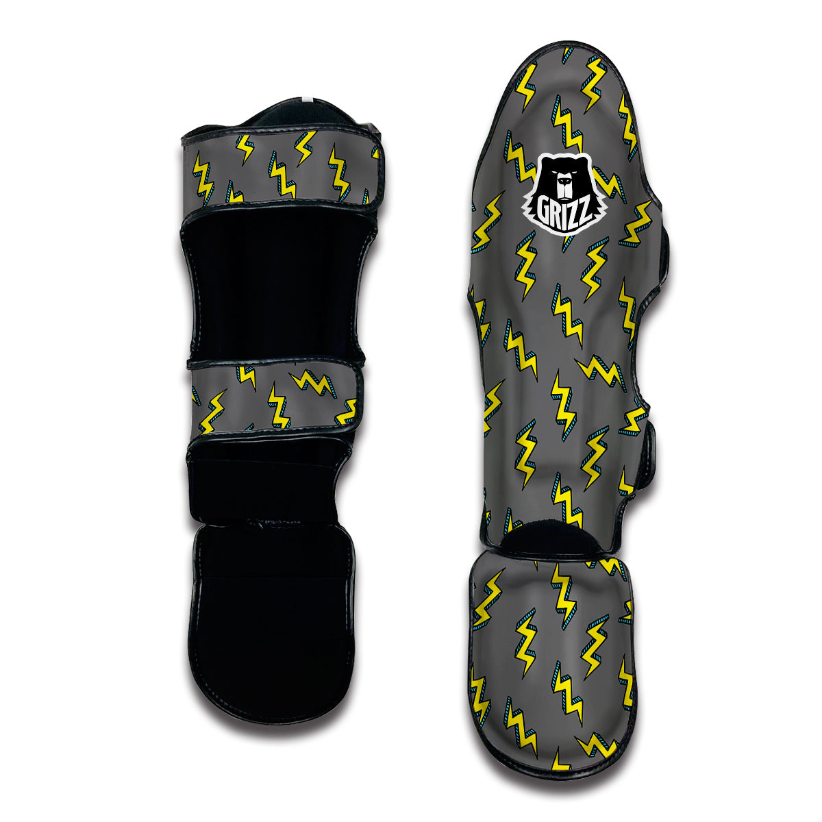 Grey And Yellow Thunder Print Pattern Muay Thai Shin Guards-grizzshop