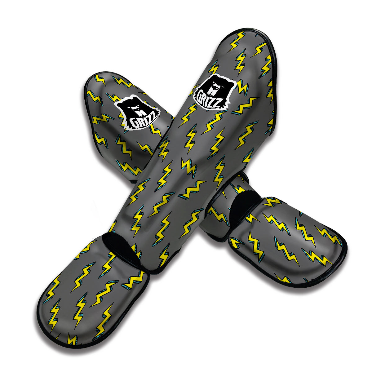 Grey And Yellow Thunder Print Pattern Muay Thai Shin Guards-grizzshop