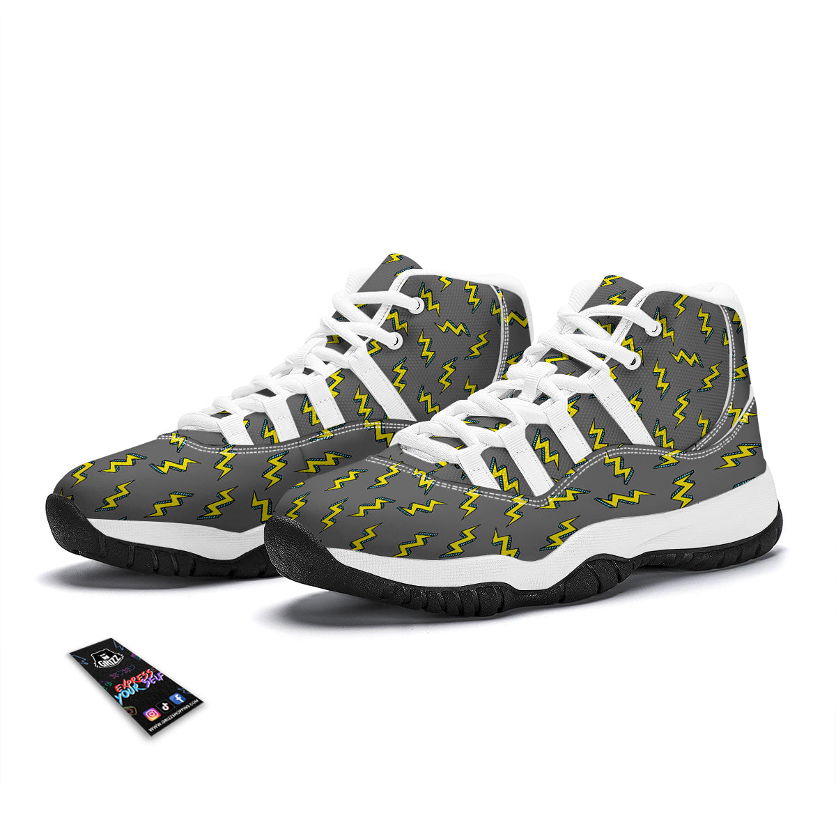 Grey And Yellow Thunder Print Pattern White Bball Shoes-grizzshop