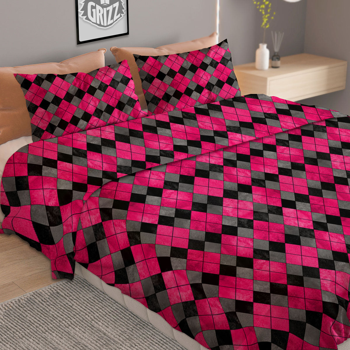 Grey Black And Purple Argyle Print Duvet Cover Bedding Set
