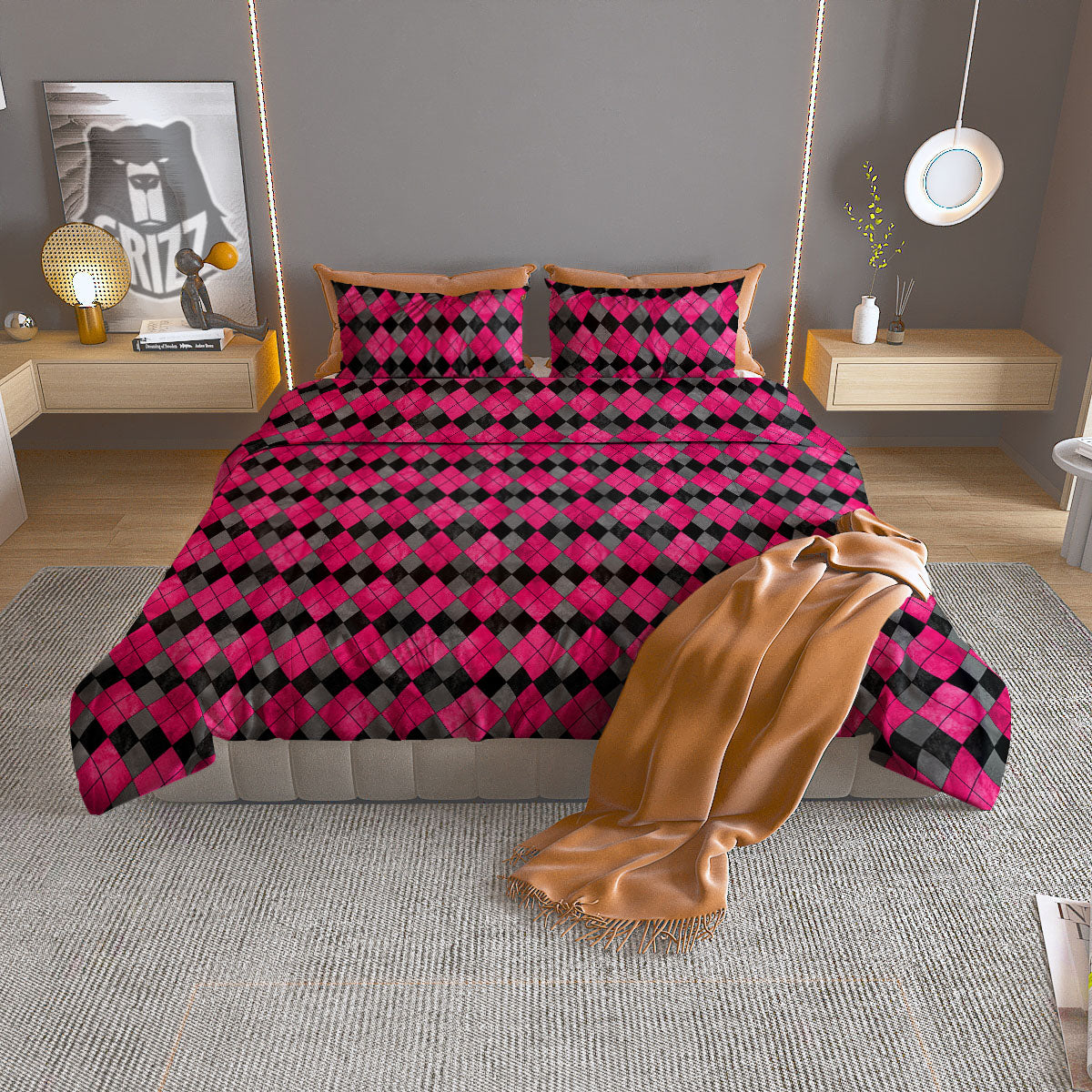 Grey Black And Purple Argyle Print Duvet Cover Bedding Set