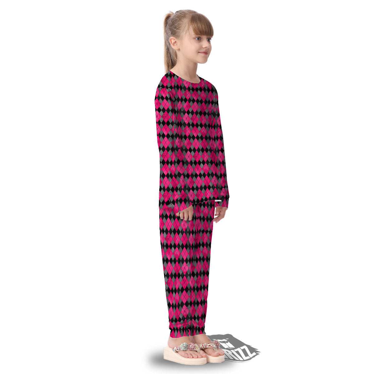 Grey Black And Purple Argyle Print Kid's Pajamas-grizzshop