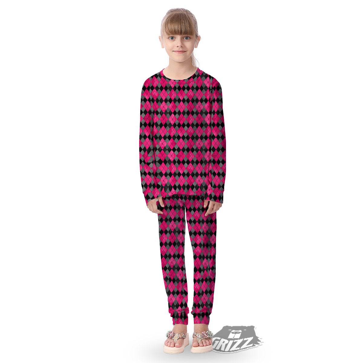 Grey Black And Purple Argyle Print Kid's Pajamas-grizzshop