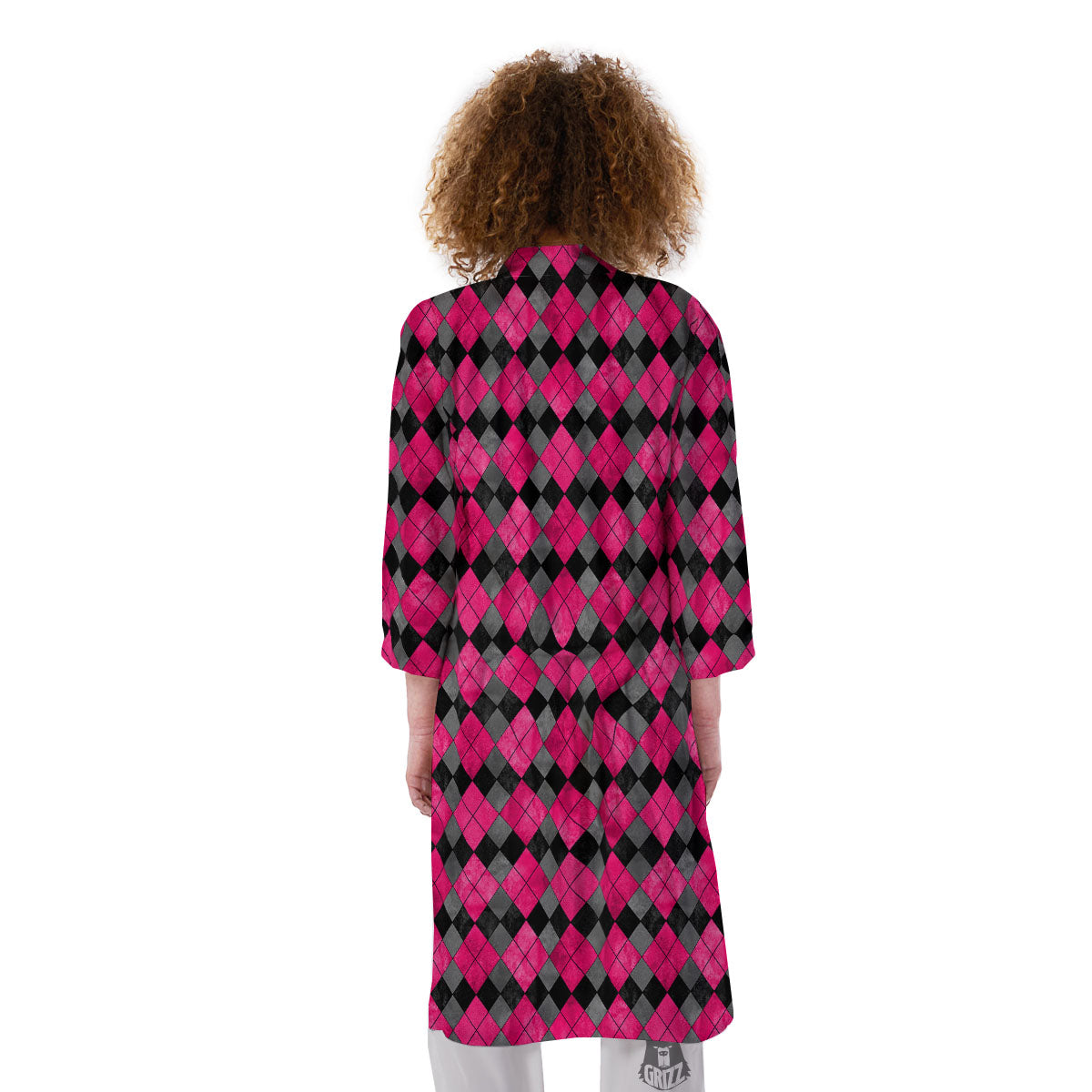 Grey Black And Purple Argyle Print Kimono-grizzshop