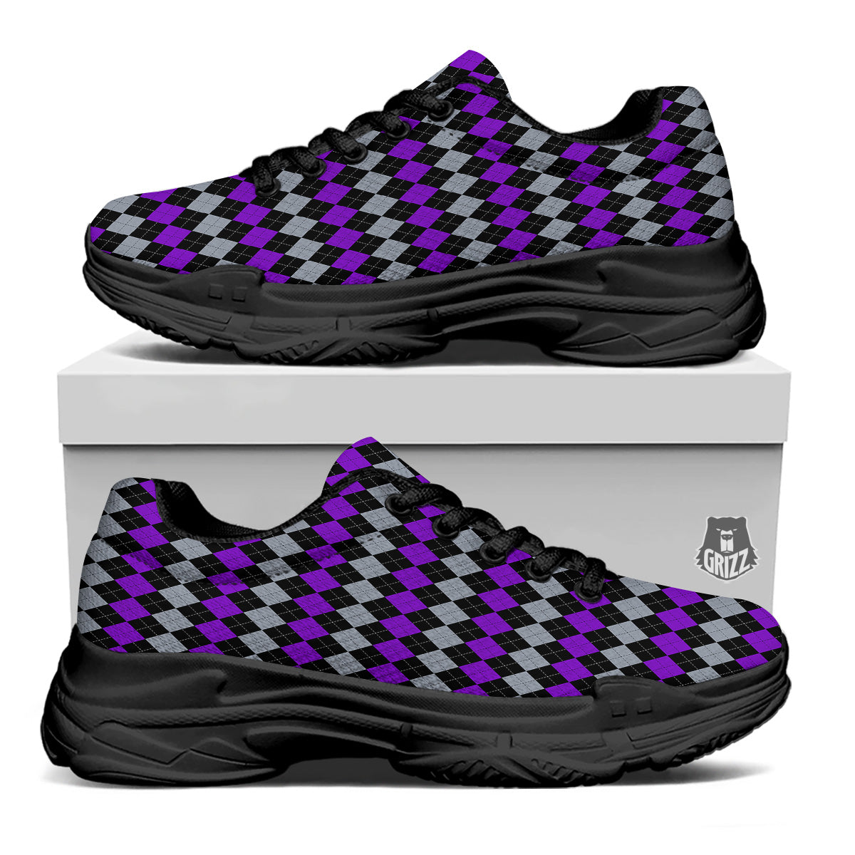 Grey Black And Violet Argyle Print Black Chunky Shoes-grizzshop