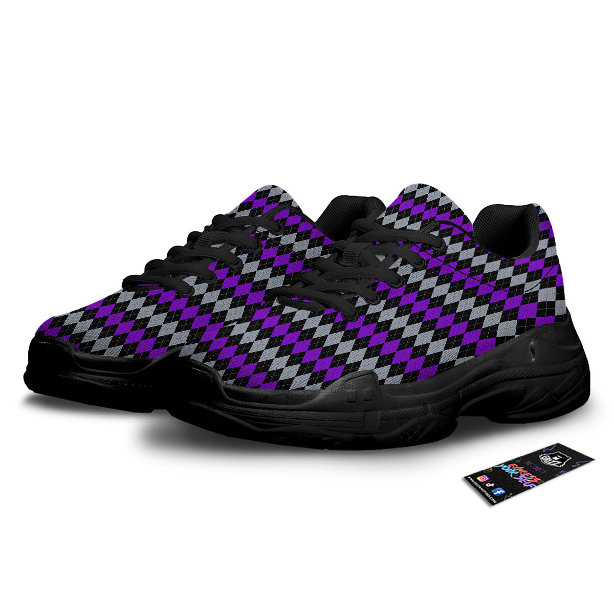 Grey Black And Violet Argyle Print Black Chunky Shoes-grizzshop