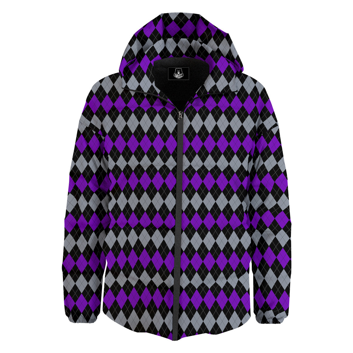 Grey Black And Violet Argyle Print Down Jacket-grizzshop