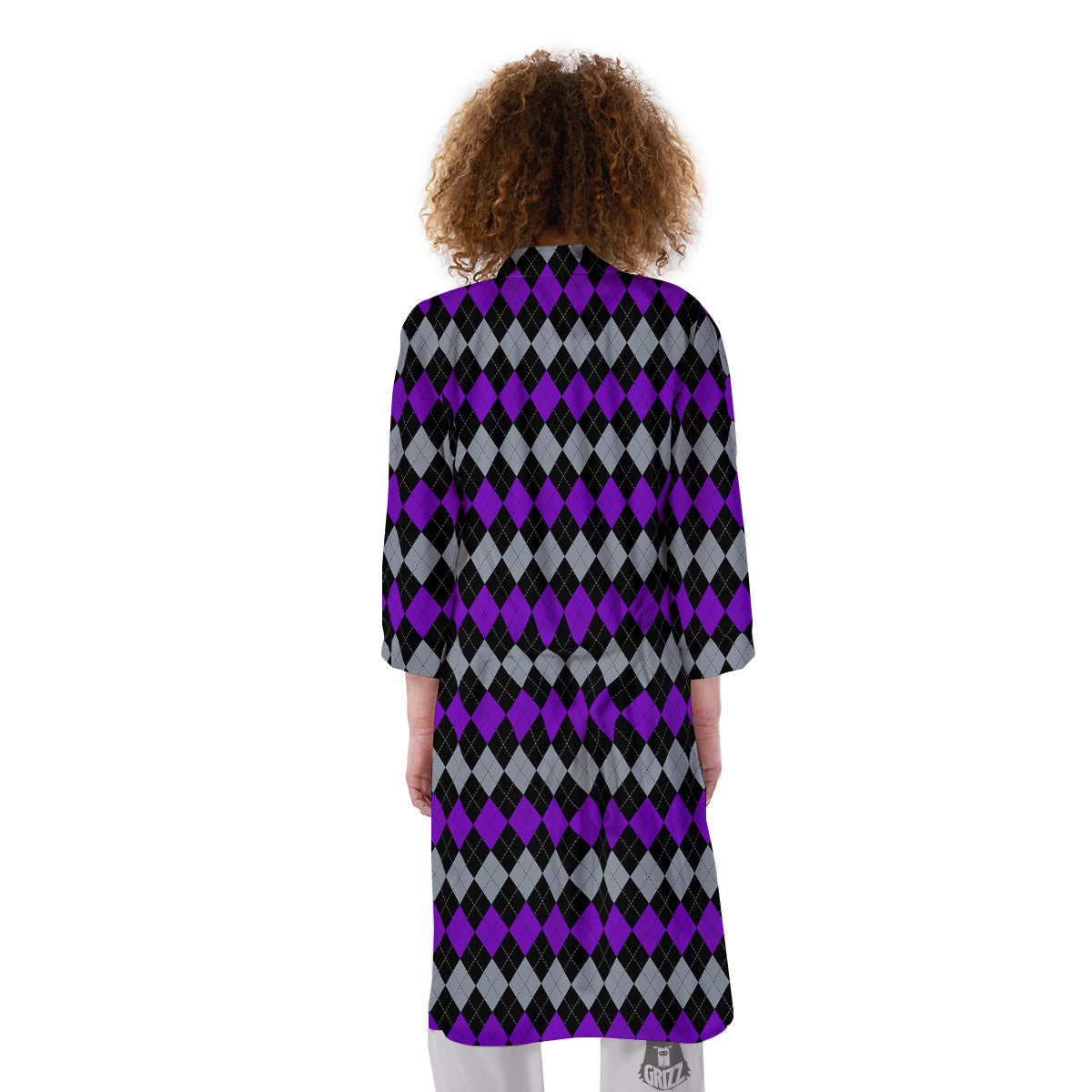 Grey Black And Violet Argyle Print Kimono-grizzshop
