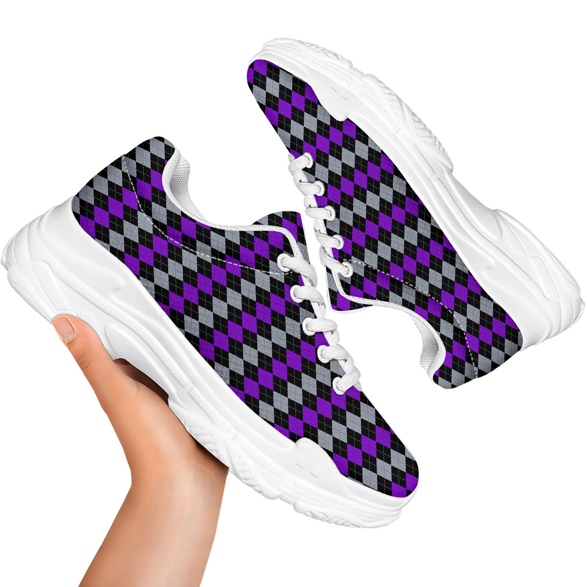 Grey Black And Violet Argyle Print White Chunky Shoes-grizzshop