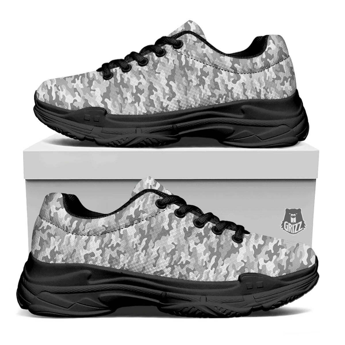 Grey Camouflage Print Pattern Black Chunky Shoes-grizzshop