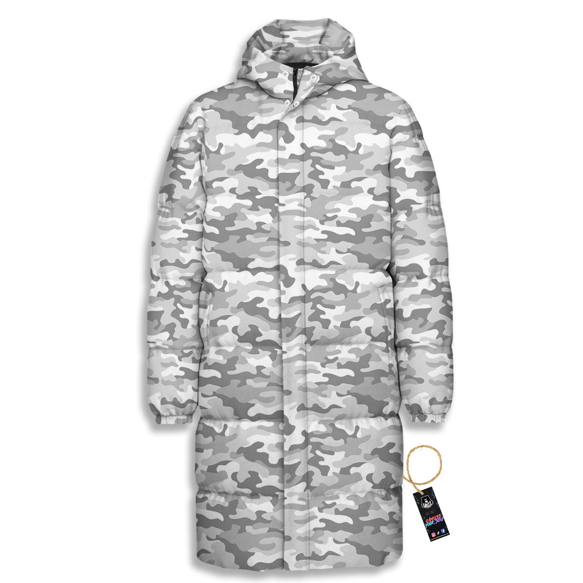 Grey Camouflage Print Pattern Long Down Jacket-grizzshop