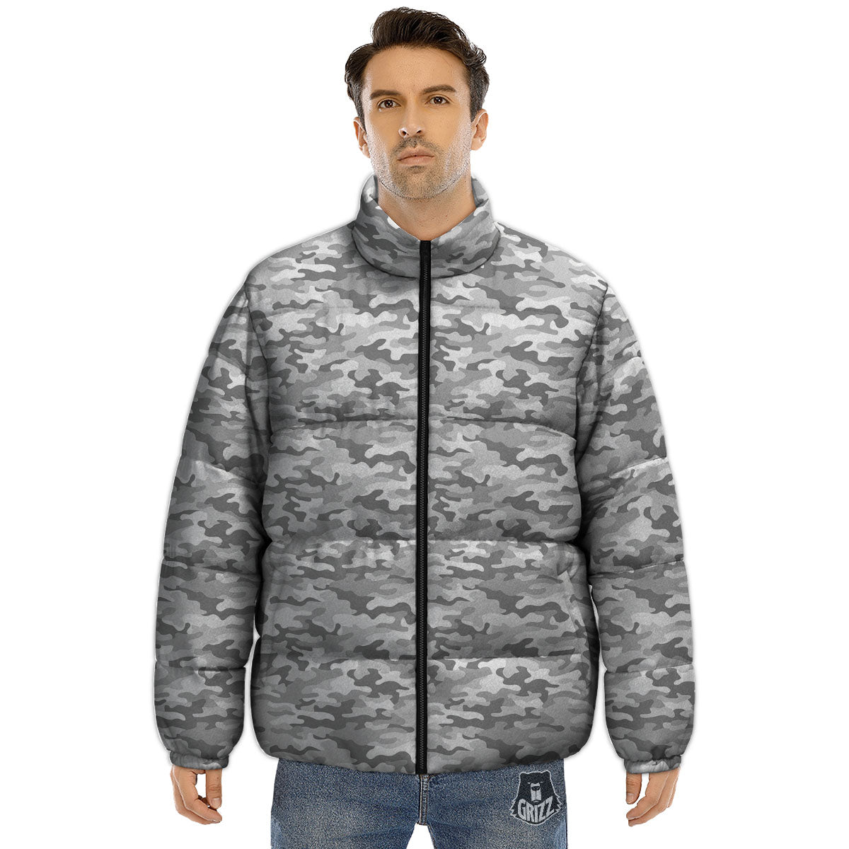 Grey Camouflage Print Pattern Puffer Jacket-grizzshop