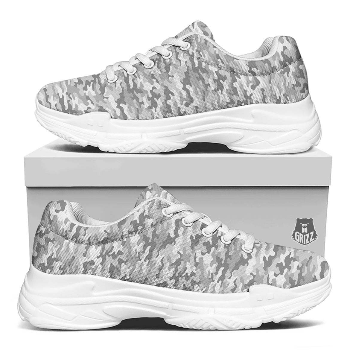 Grey Camouflage Print Pattern White Chunky Shoes-grizzshop