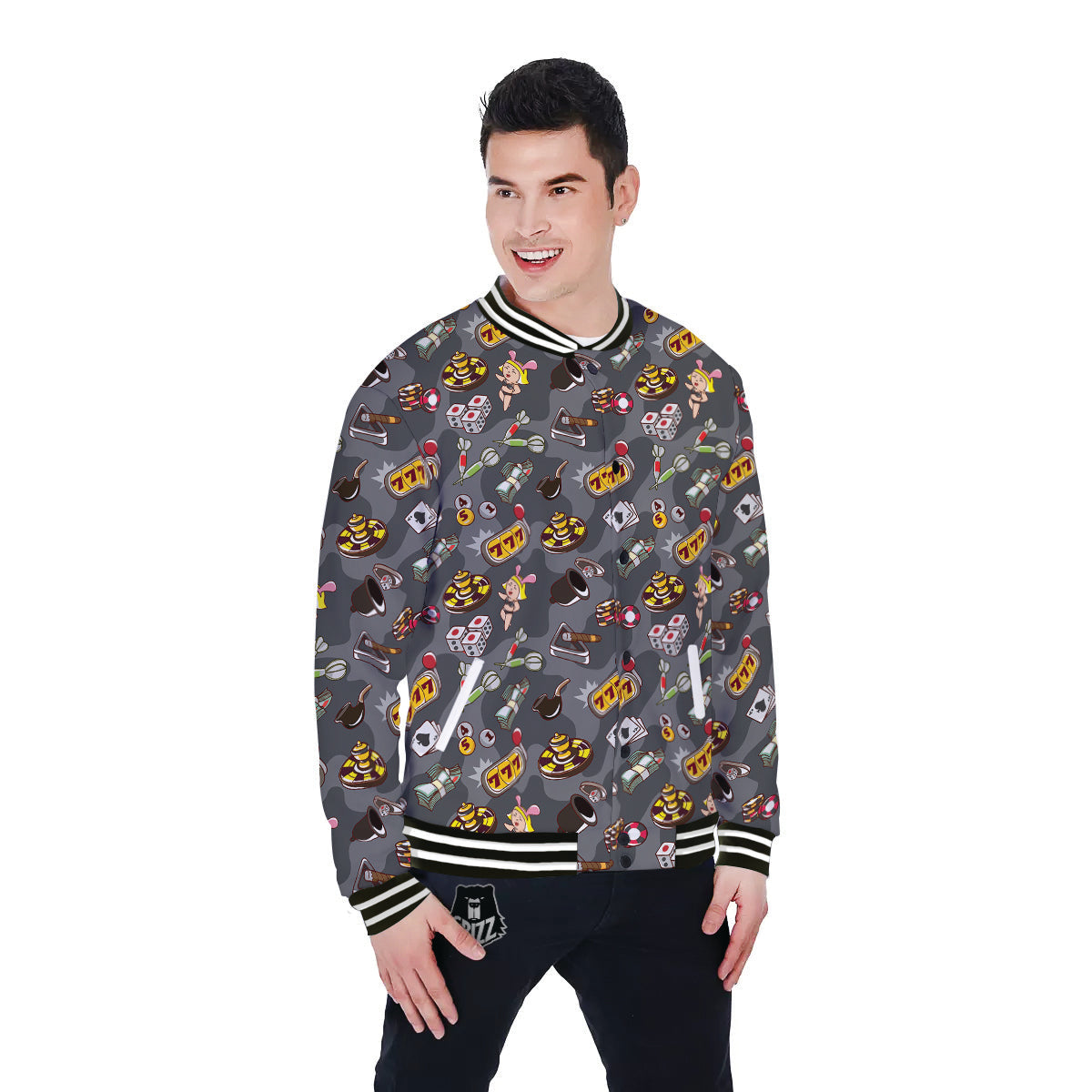 Grey Cute Casino Print Pattern Baseball Jacket-grizzshop