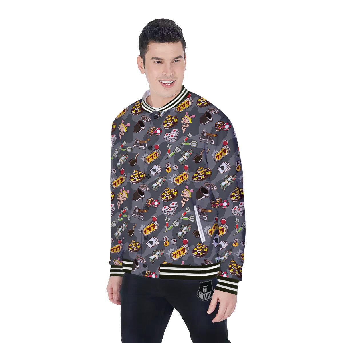 Grey Cute Casino Print Pattern Baseball Jacket-grizzshop
