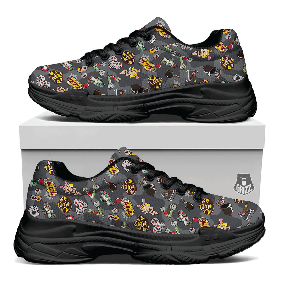Grey Cute Casino Print Pattern Black Chunky Shoes-grizzshop