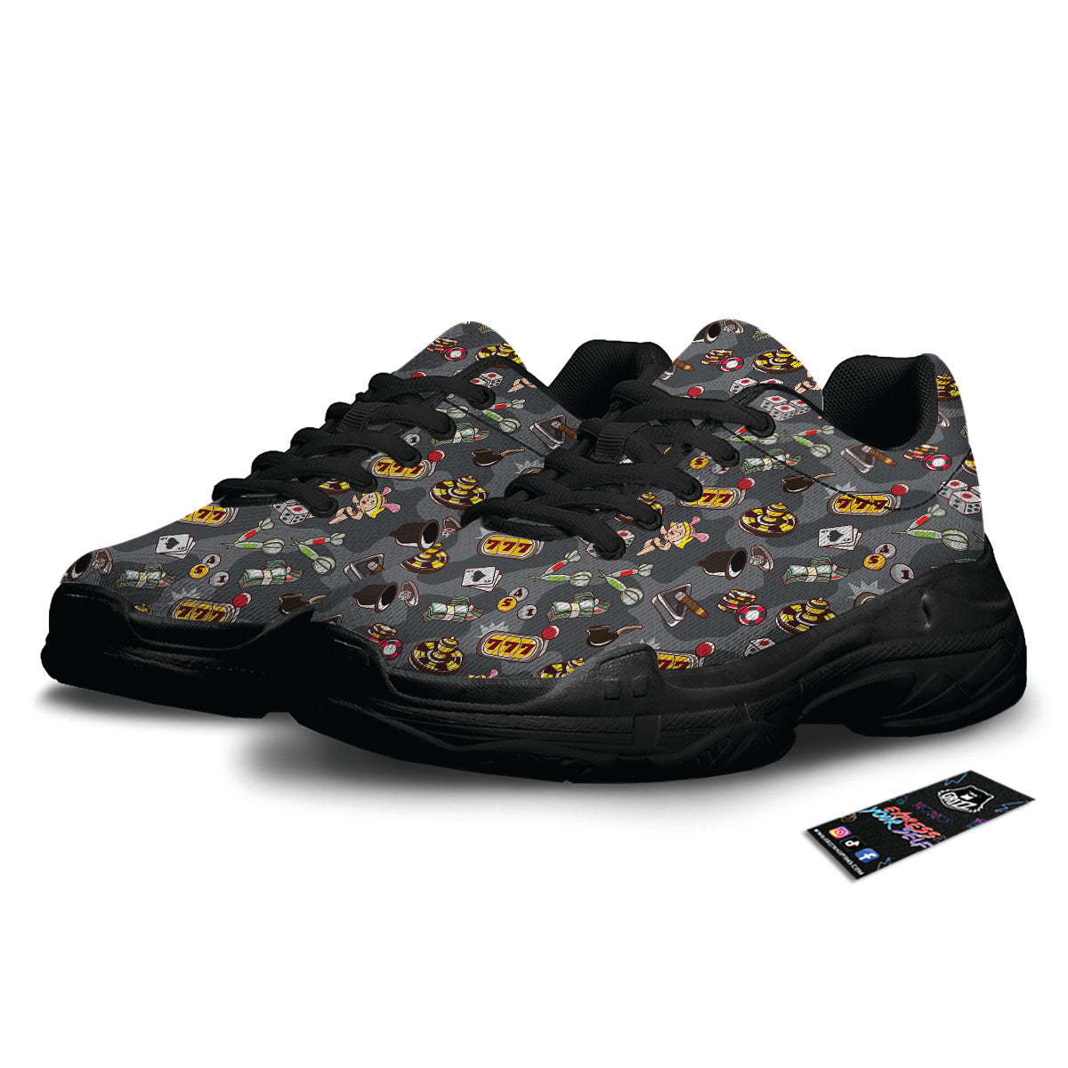 Grey Cute Casino Print Pattern Black Chunky Shoes-grizzshop