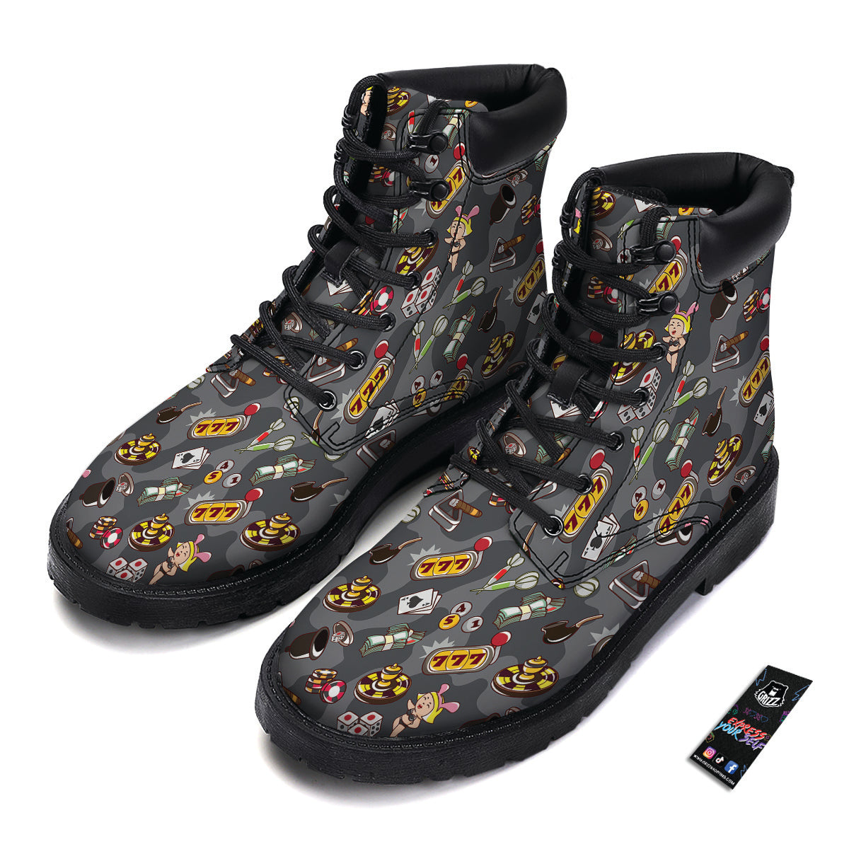Grey Cute Casino Print Pattern Boots-grizzshop