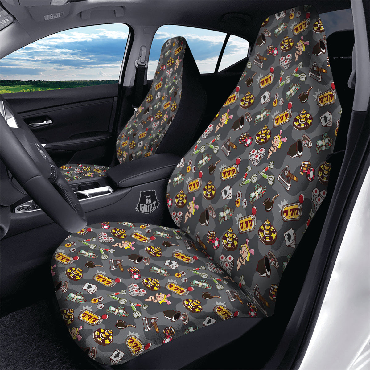 Grey Cute Casino Print Pattern Car Seat Covers-grizzshop