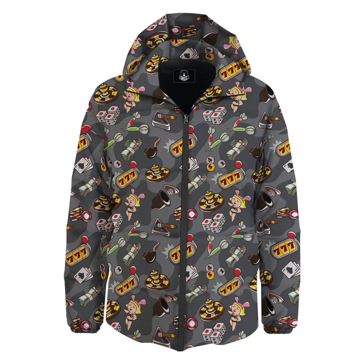 Grey Cute Casino Print Pattern Down Jacket-grizzshop