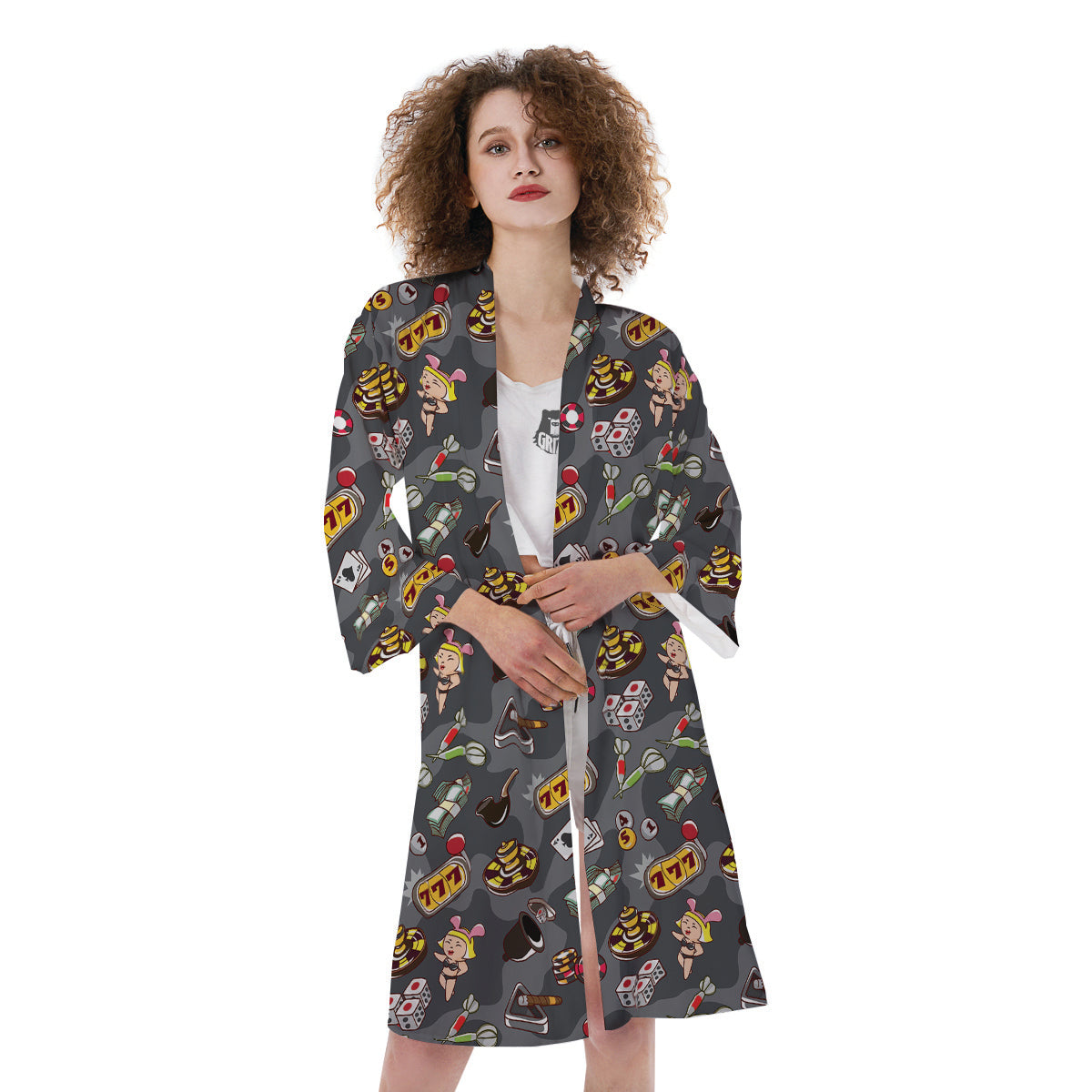 Grey Cute Casino Print Pattern Kimono-grizzshop