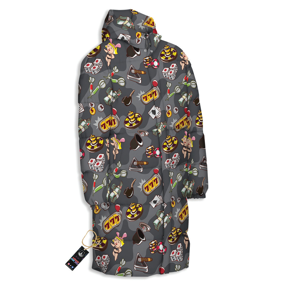 Grey Cute Casino Print Pattern Long Down Jacket-grizzshop
