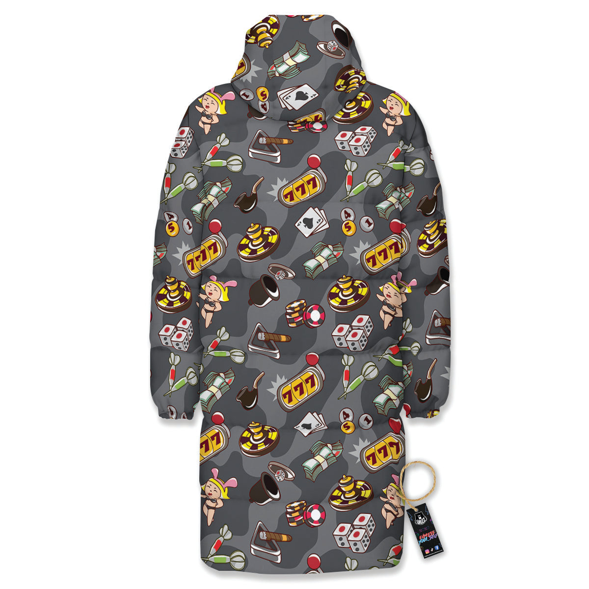 Grey Cute Casino Print Pattern Long Down Jacket-grizzshop