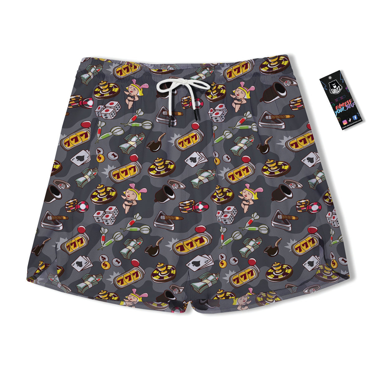 Grey Cute Casino Print Pattern Men's Running Shorts-grizzshop