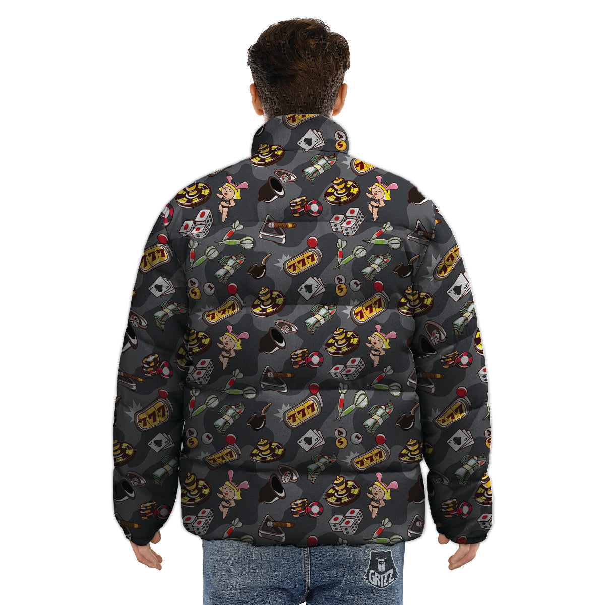Grey Cute Casino Print Pattern Puffer Jacket-grizzshop