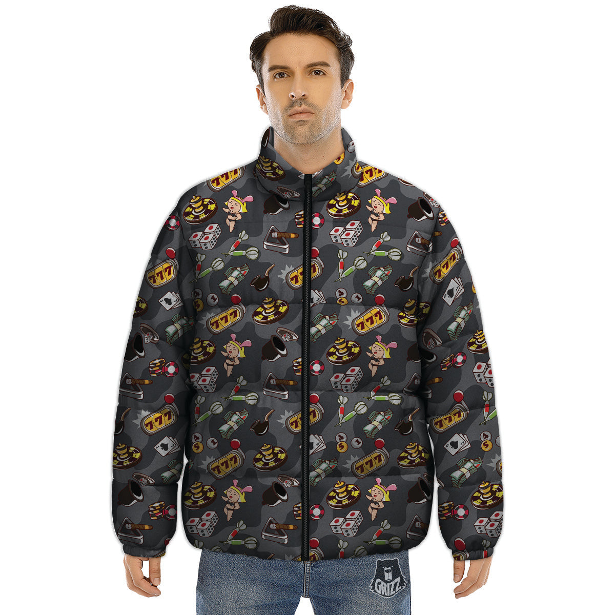 Grey Cute Casino Print Pattern Puffer Jacket-grizzshop