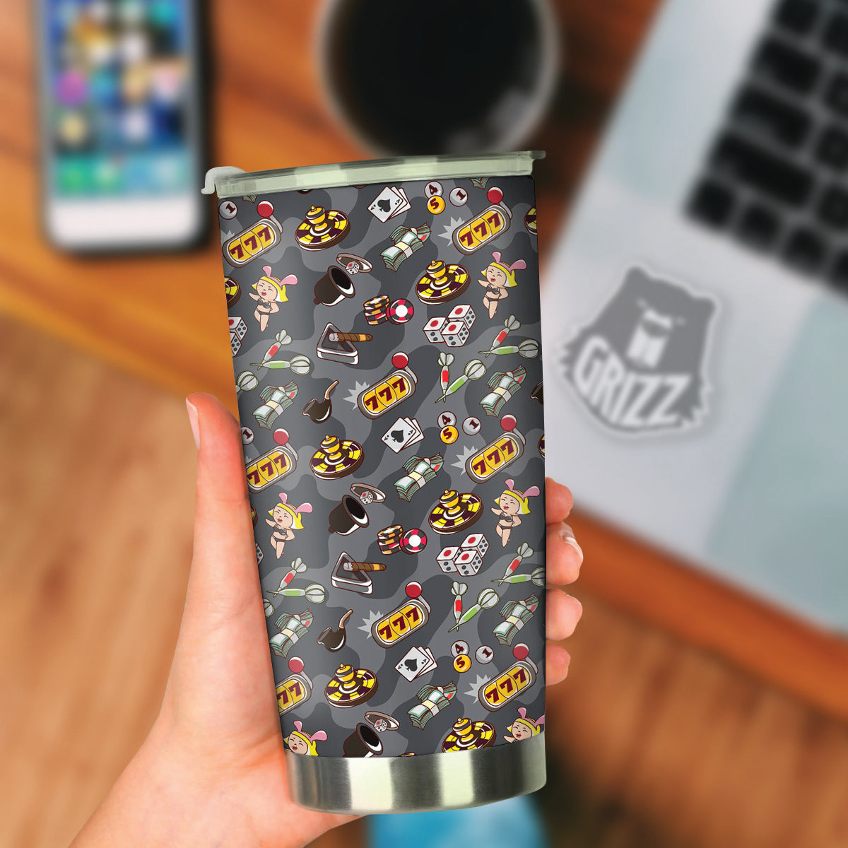 Grey Cute Casino Print Pattern Tumbler-grizzshop